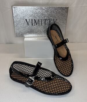 Vimitty Black Mesh Mary Jane Ballet Flats Shoes Fishnet Patent Strap Sz 37